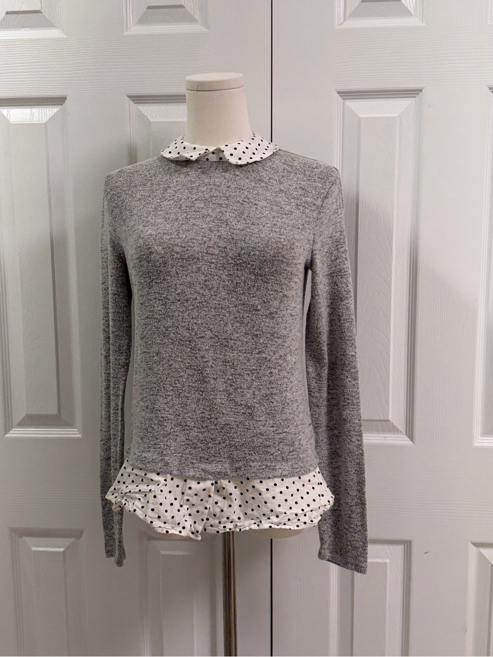 Maison Jules Gray Polka Dot Collar Ruffle Hem Sweater Size S